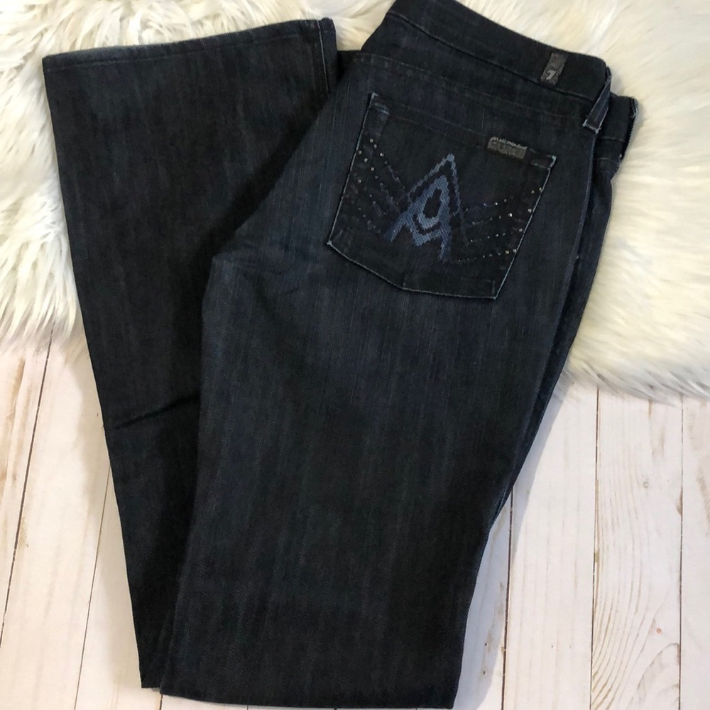 7 For All Mankind Dark Wash Women’s Jeans with Subtle Blue Embroidery